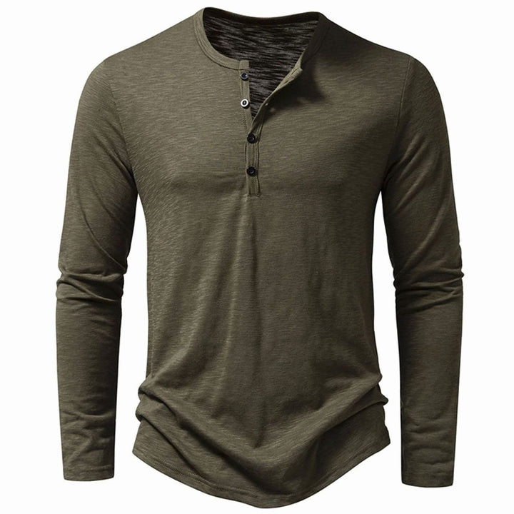 Men's Long Sleeve Cotton Henley Shirt Slim-Fit Button Placket - Olive Green