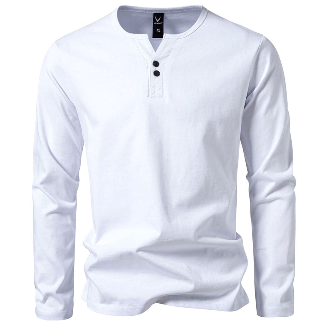Men's Long Sleeve Cotton Henley Shirt Slim Fit Button Placket - White