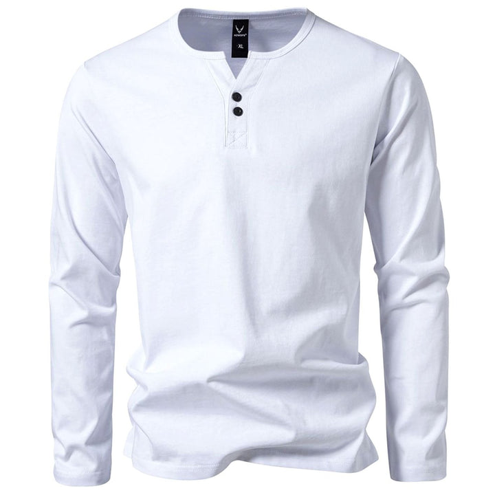 Men's Long Sleeve Cotton Henley Shirt Slim Fit Button Placket - White