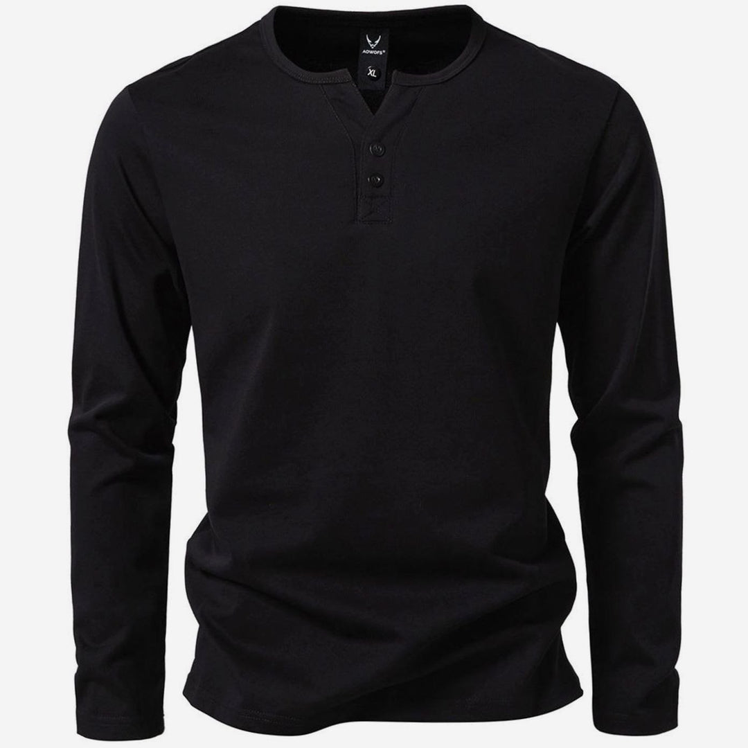 Men's Long Sleeve Cotton Henley Shirt Slim Fit Button Placket - Black