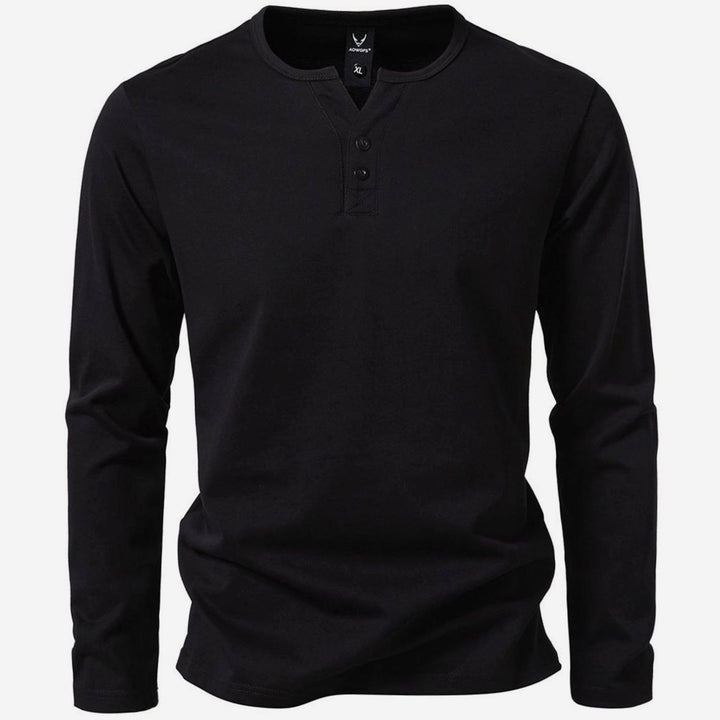 Men's Long Sleeve Cotton Henley Shirt Slim Fit Button Placket - Black