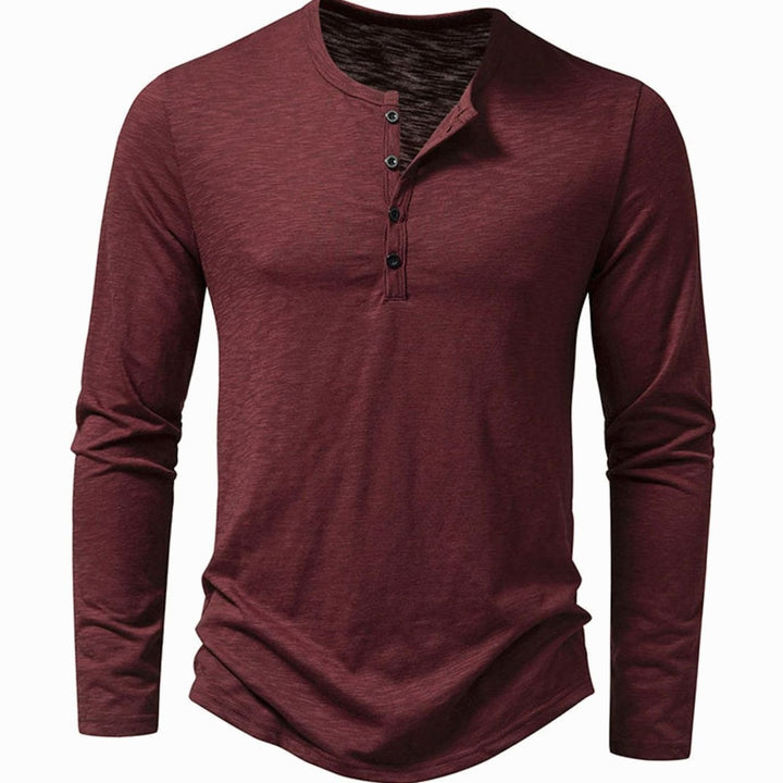 Men's Long Sleeve Cotton Henley Shirt Slim-Fit Button Placket - Burgundy