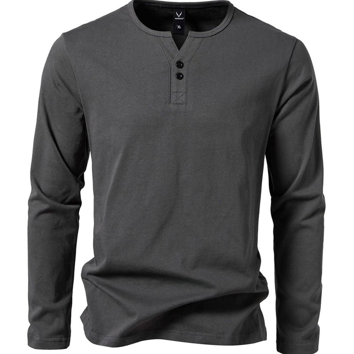Men's Long Sleeve Cotton Henley Shirt Slim Fit Button Placket - Dark Gray