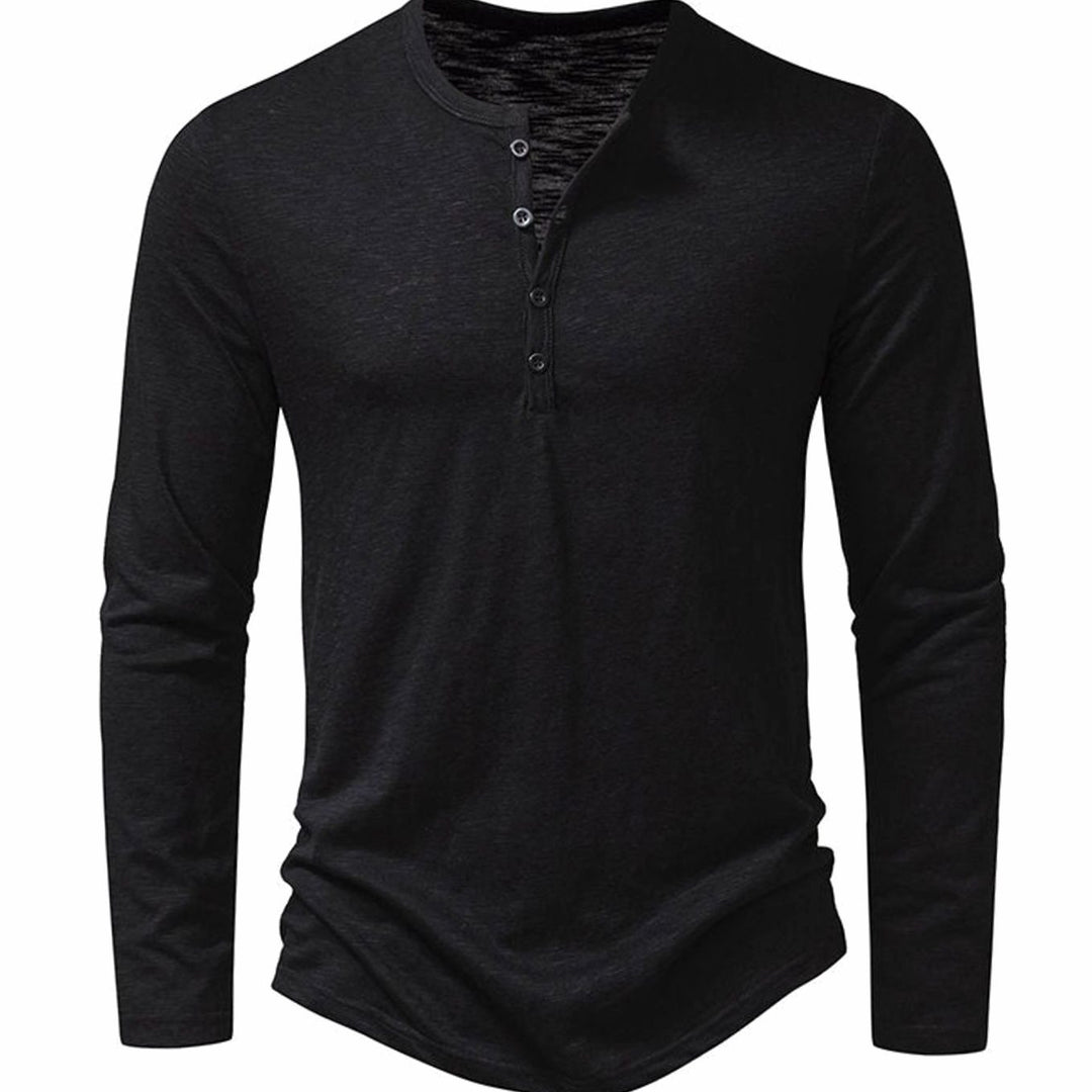 Men's Long Sleeve Cotton Henley Shirt Slim-Fit Button Placket - Black