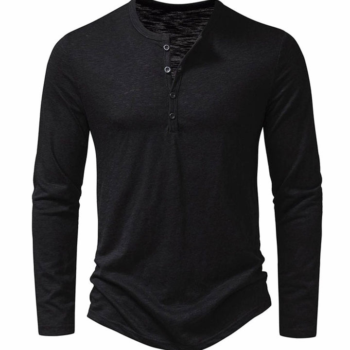 Men's Long Sleeve Cotton Henley Shirt Slim-Fit Button Placket - Black