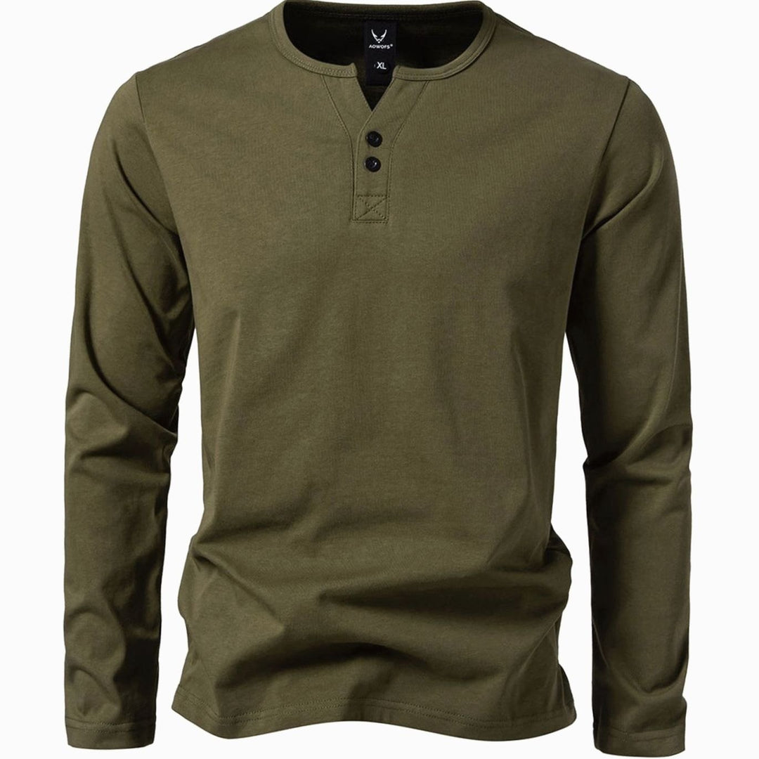 Men's Long Sleeve Cotton Henley Shirt Slim Fit Button Placket - Army Green