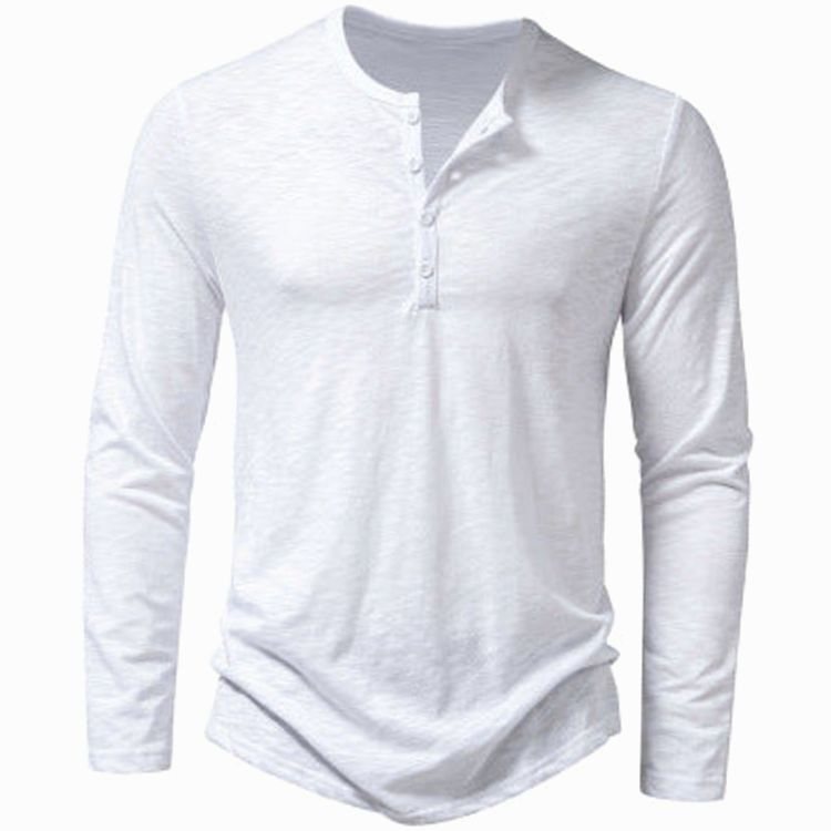 Men's Long Sleeve Cotton Henley Shirt Slim-Fit Button Placket - White