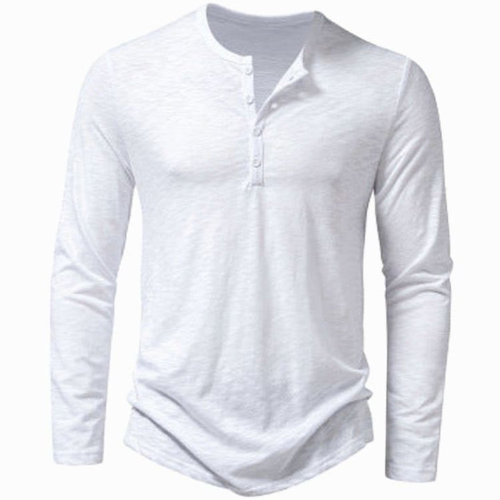 Men's Long Sleeve Cotton Henley Shirt Slim-Fit Button Placket - White
