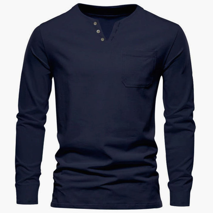 Men's Long Sleeve Cotton Henley Shirt Slim Fit Chest Pocket - Navy Blue
