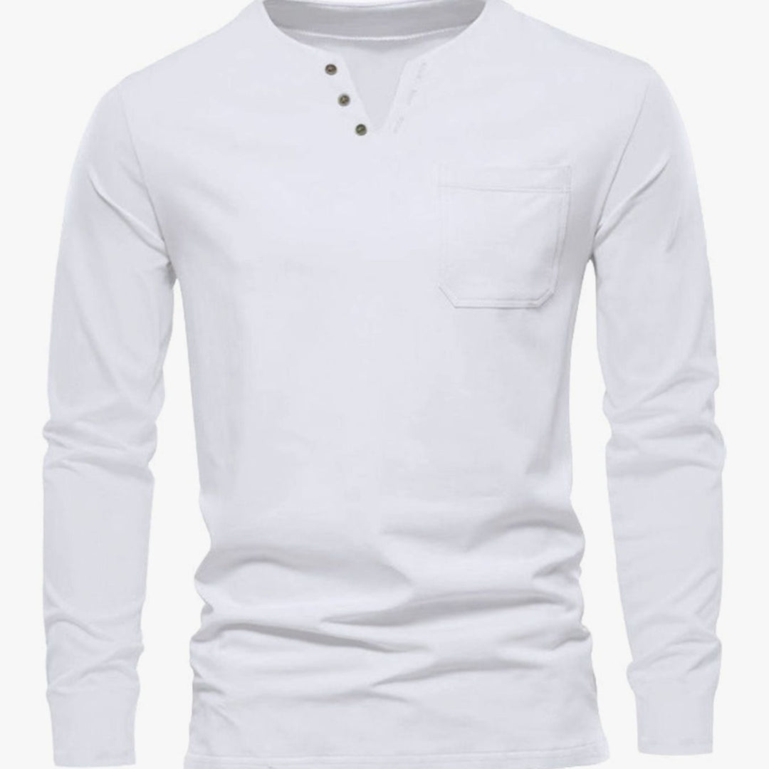 Men's Long Sleeve Cotton Henley Shirt Slim Fit Chest Pocket - White