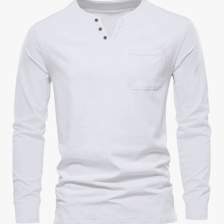 Men's Long Sleeve Cotton Henley Shirt Slim Fit Chest Pocket - White