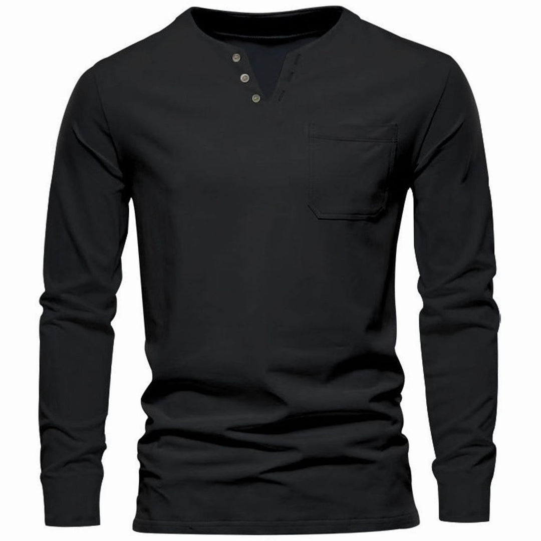 Men's Long Sleeve Cotton Henley Shirt Slim Fit Chest Pocket - Black