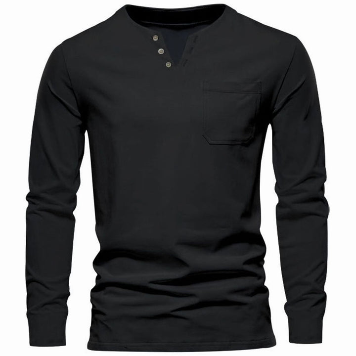 Men's Long Sleeve Cotton Henley Shirt Slim Fit Chest Pocket - Black