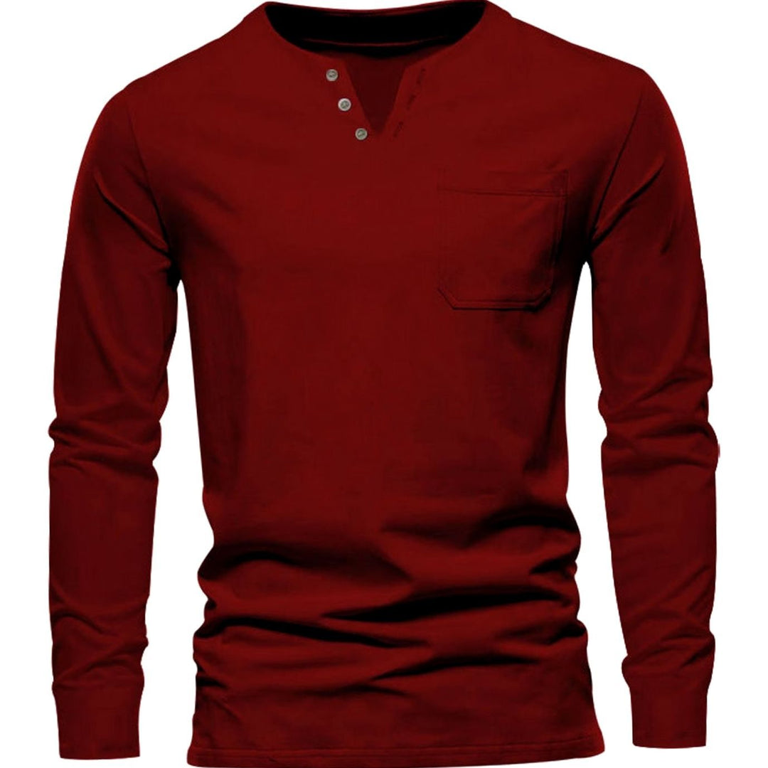 Men's Long Sleeve Cotton Henley Shirt Slim Fit Chest Pocket - Red