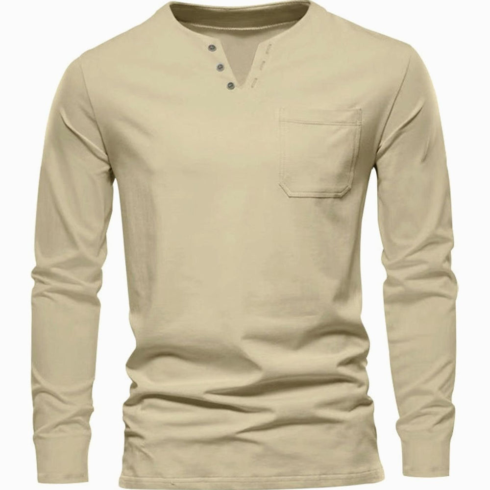 Men's Long Sleeve Cotton Henley Shirt Slim Fit Chest Pocket - Apricot