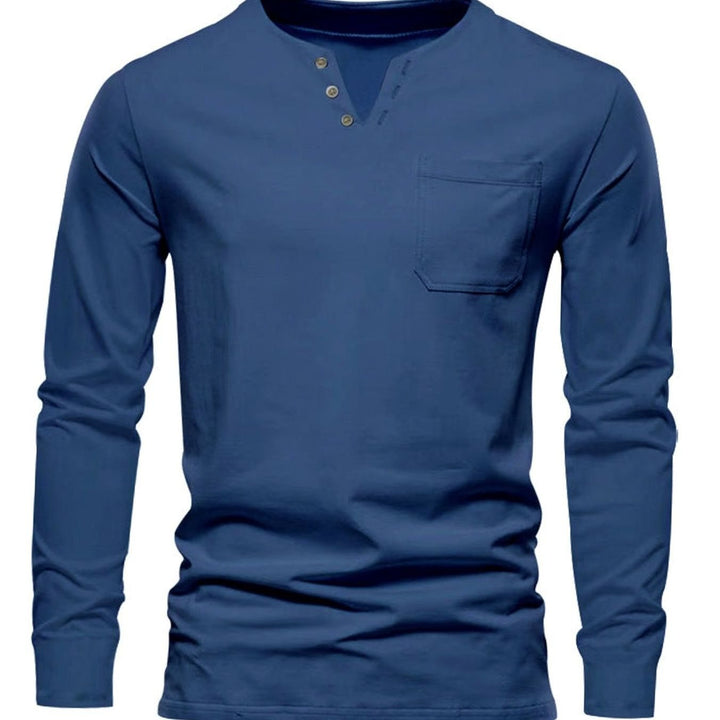 Men's Long Sleeve Cotton Henley Shirt Slim Fit Chest Pocket - Denim Blue