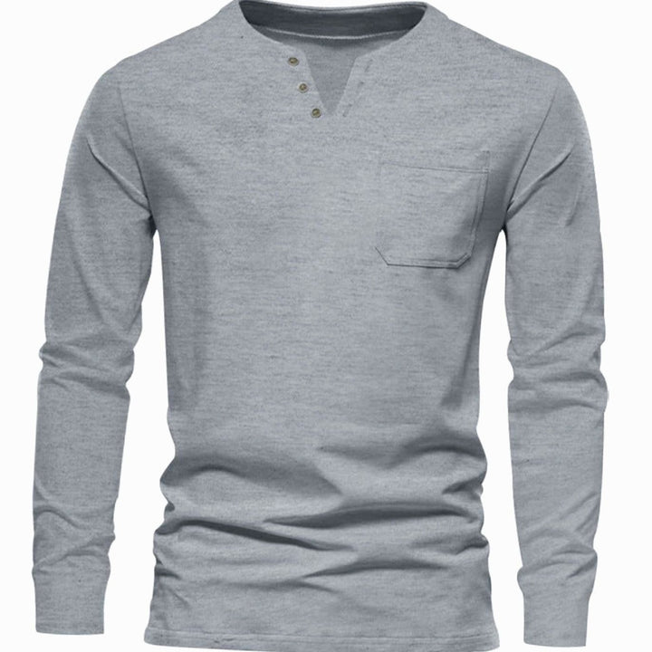 Men's Long Sleeve Cotton Henley Shirt Slim Fit Chest Pocket - Light Gray