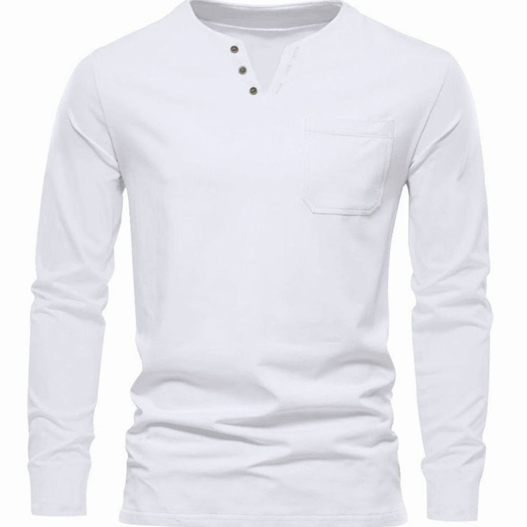 Men's Long Sleeve Cotton Henley Shirt Slim Fit Chest Pocket