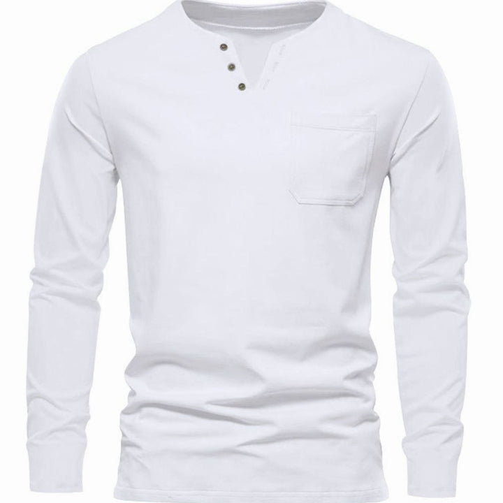 Men's Long Sleeve Cotton Henley Shirt Slim Fit Chest Pocket