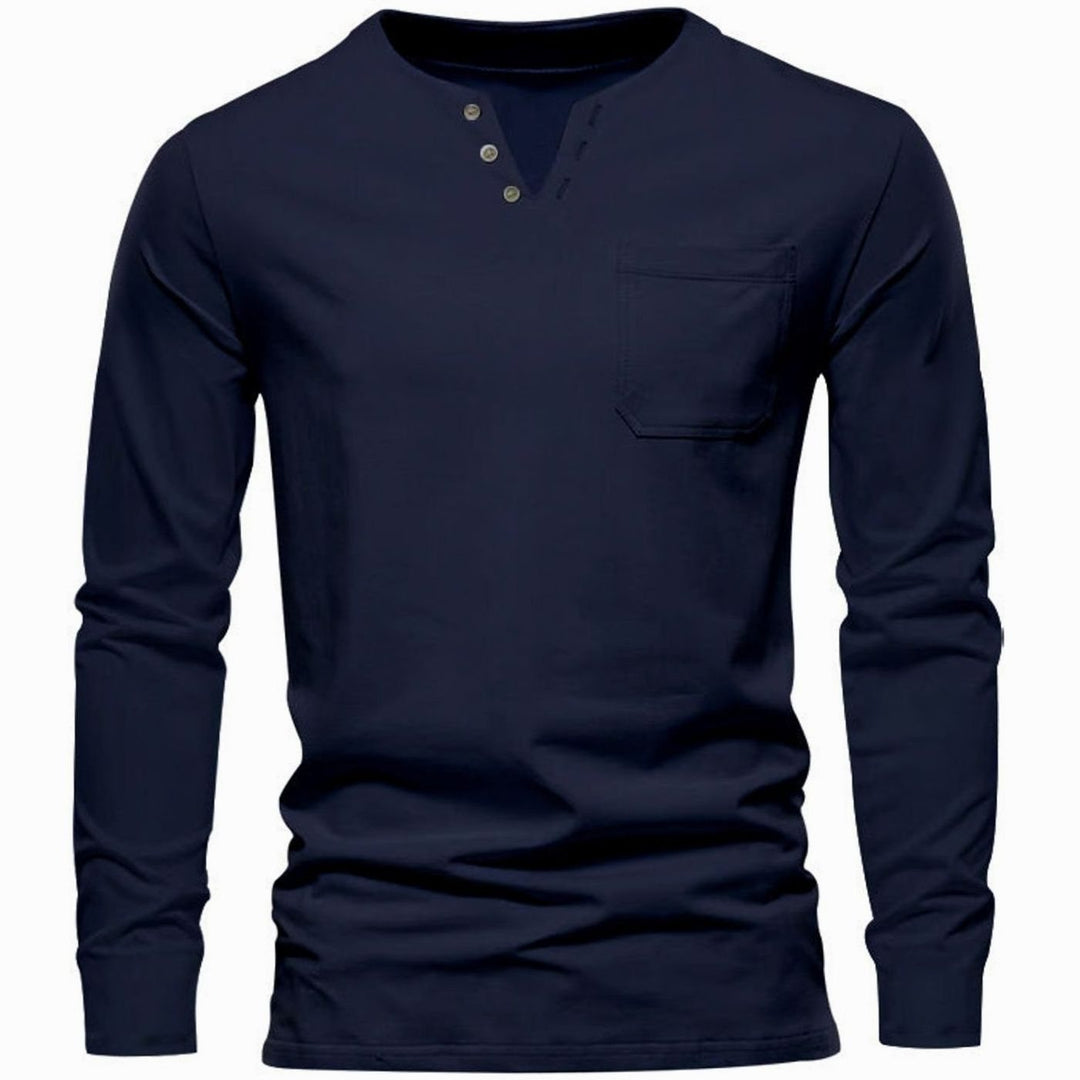 Men's Long Sleeve Cotton Henley Shirt Slim Fit Chest Pocket