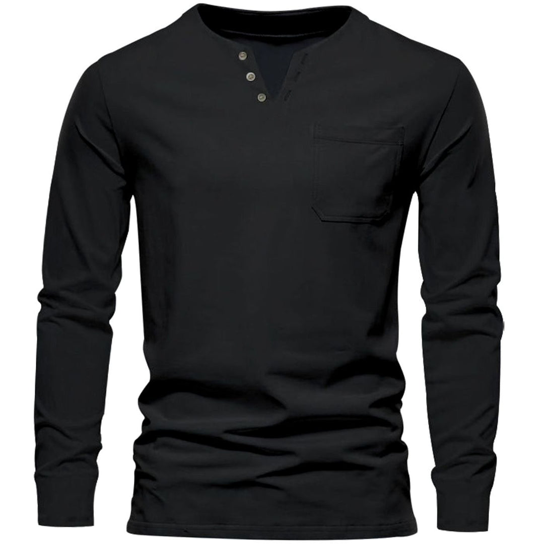 Men's Long Sleeve Cotton Henley Shirt Slim Fit Chest Pocket