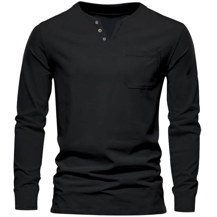 Men's Long Sleeve Cotton Henley Shirt Slim Fit Chest Pocket