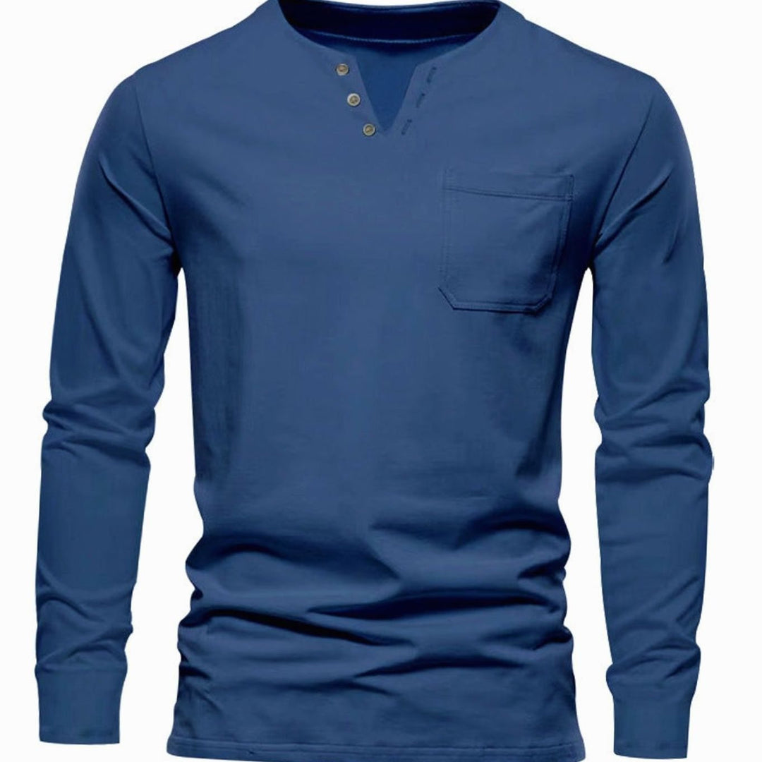 Men's Long Sleeve Cotton Henley Shirt Slim Fit Chest Pocket