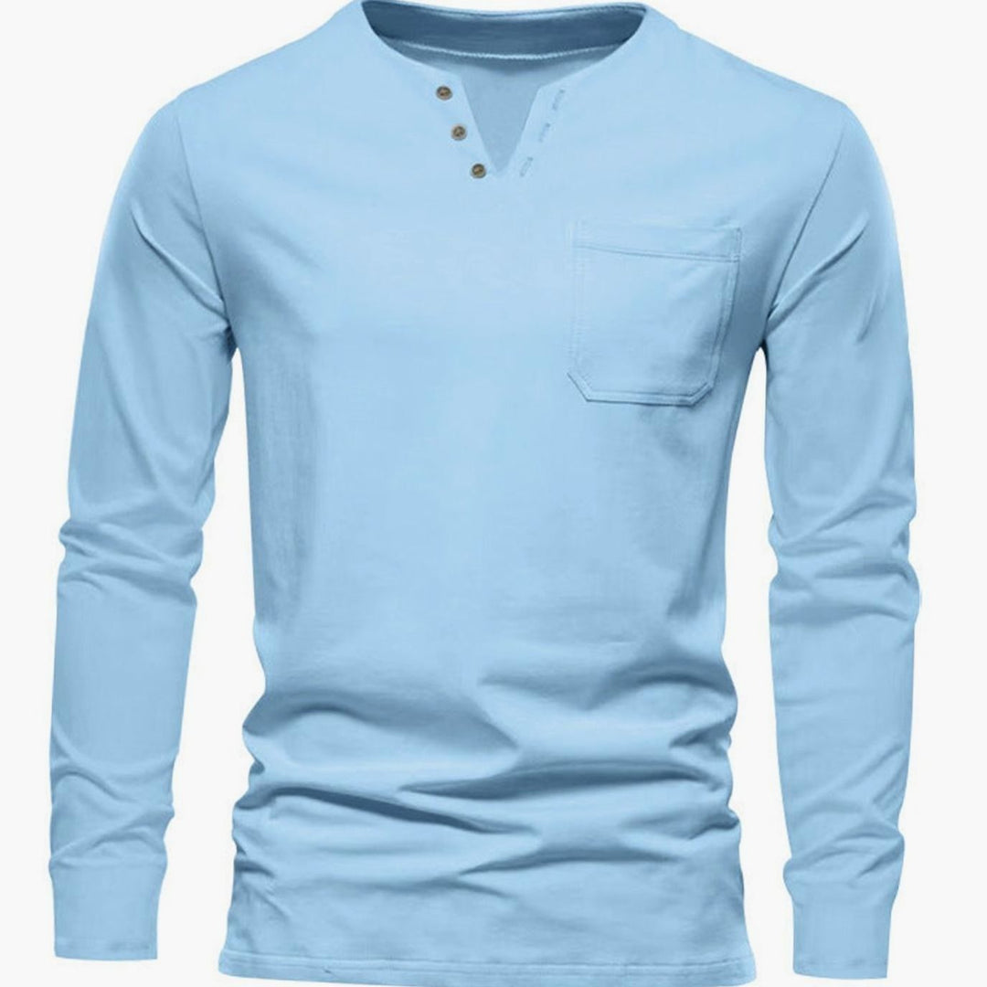Men's Long Sleeve Cotton Henley Shirt Slim Fit Chest Pocket - Sky Blue