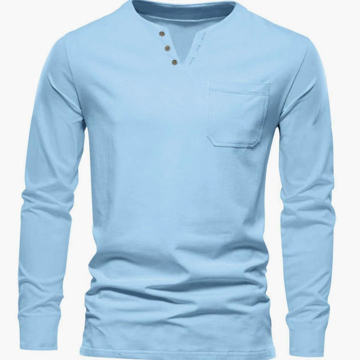 Men's Long Sleeve Cotton Henley Shirt Slim Fit Chest Pocket - Sky Blue