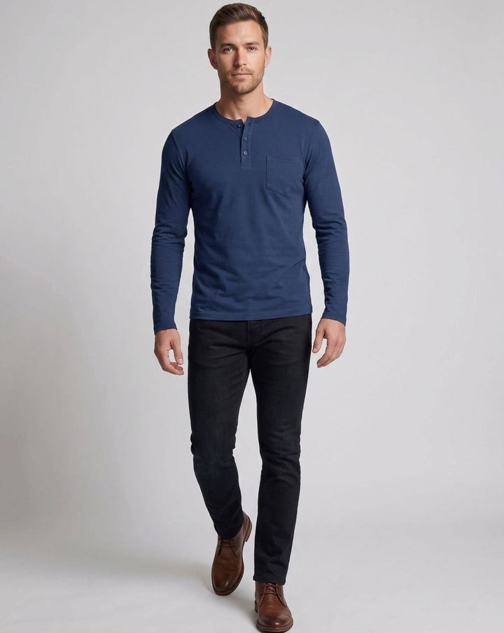 Men's Long Sleeve Cotton Jersey Henley Shirt with Chest Pocket
