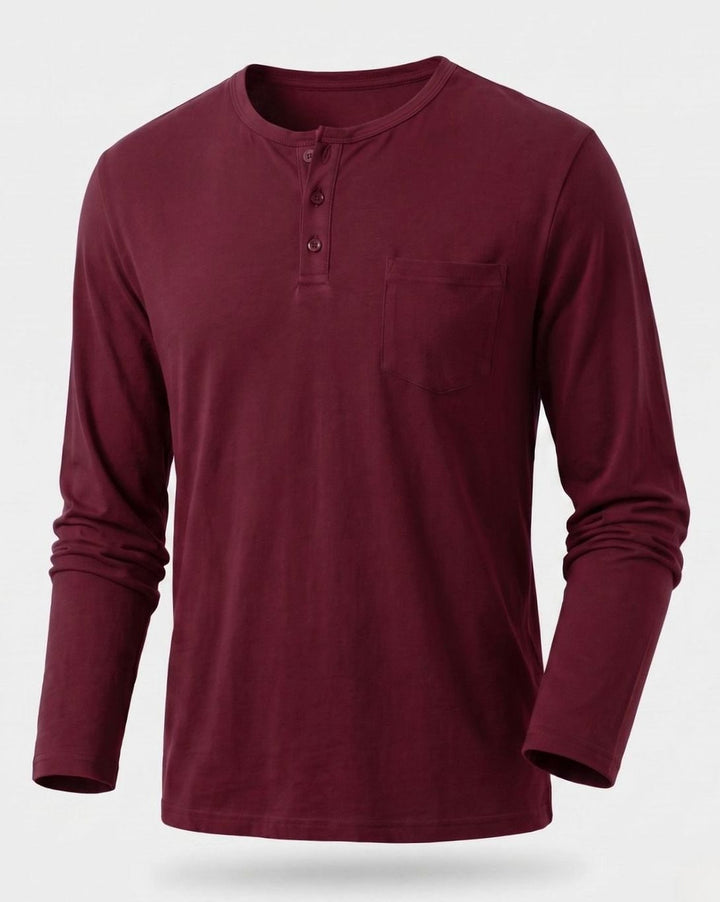 Men's Long Sleeve Cotton Jersey Henley Shirt with Chest Pocket - Wine Red