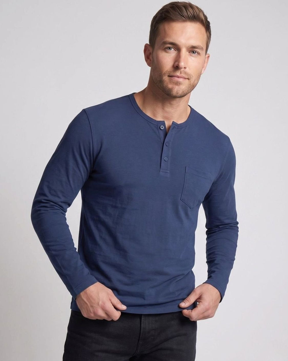 Men's Long Sleeve Cotton Jersey Henley Shirt with Chest Pocket