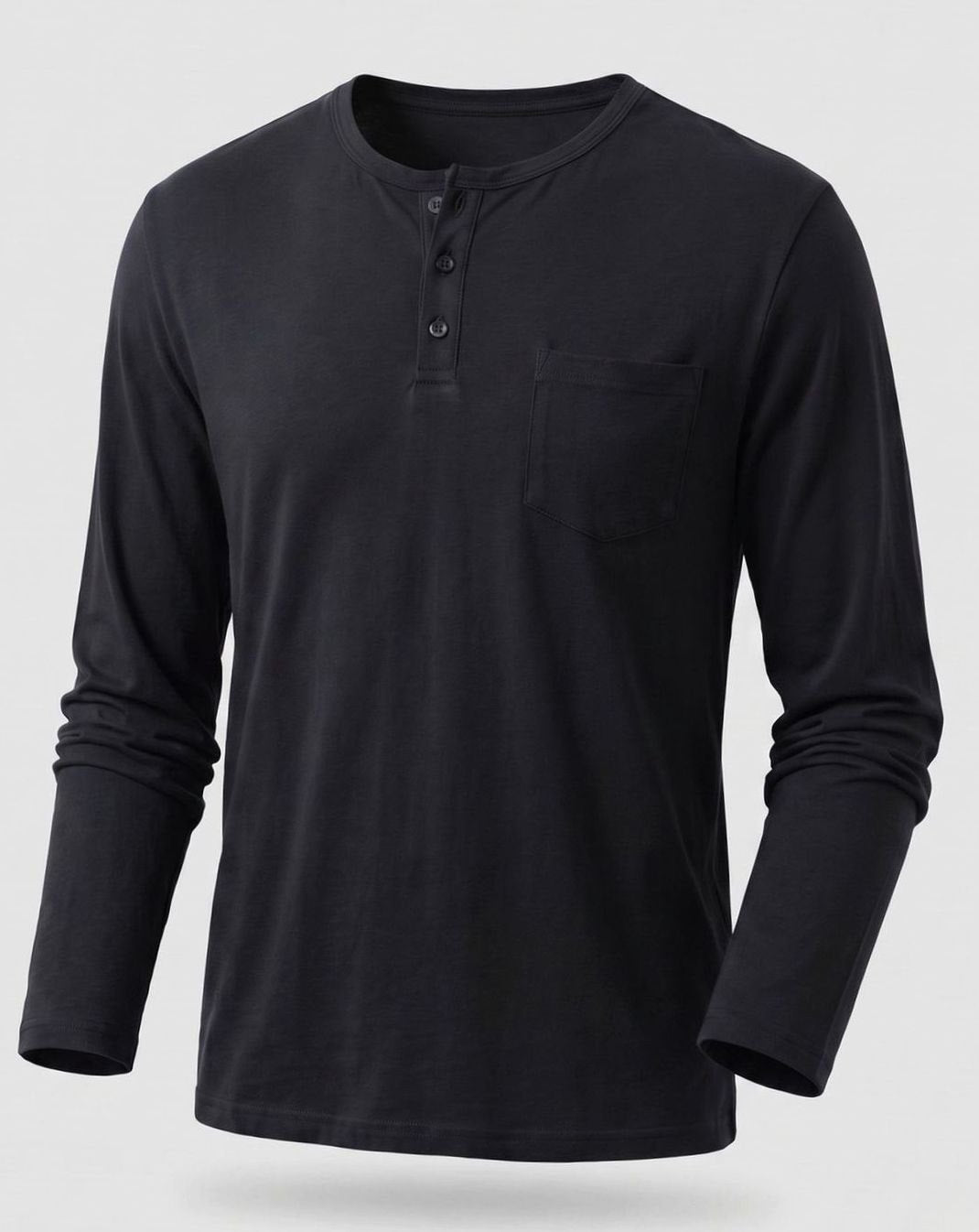 Men's Long Sleeve Cotton Jersey Henley Shirt with Chest Pocket - Black