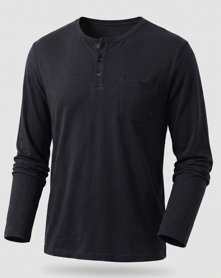 Men's Long Sleeve Cotton Jersey Henley Shirt with Chest Pocket - Black