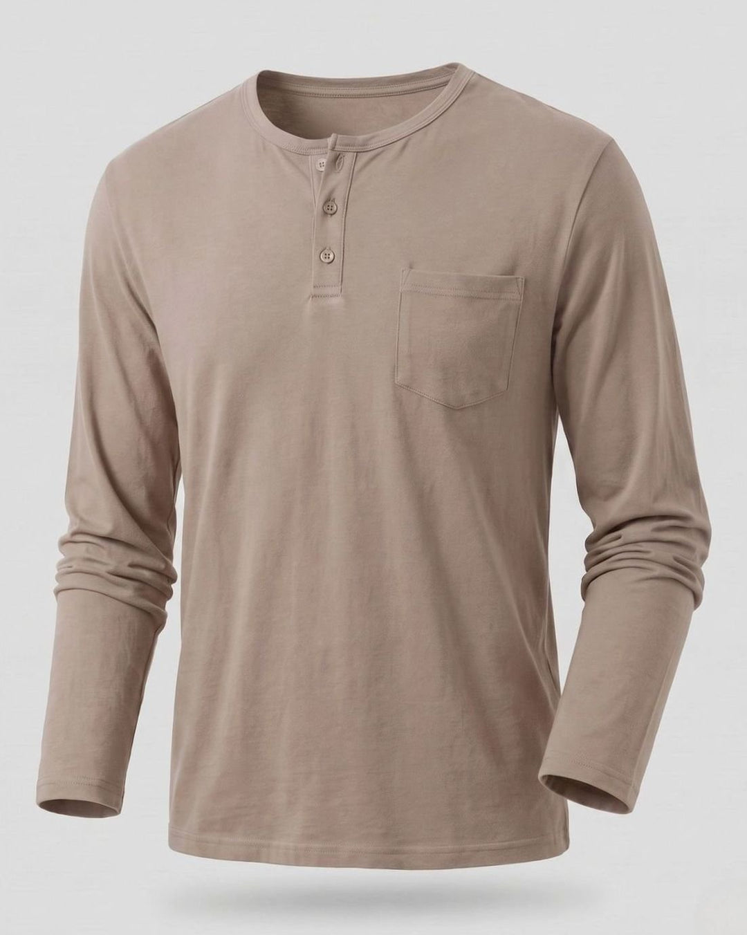 Men's Long Sleeve Cotton Jersey Henley Shirt with Chest Pocket - Khaki