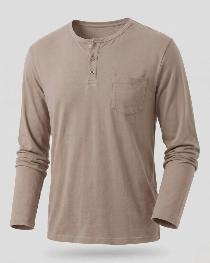 Men's Long Sleeve Cotton Jersey Henley Shirt with Chest Pocket - Khaki