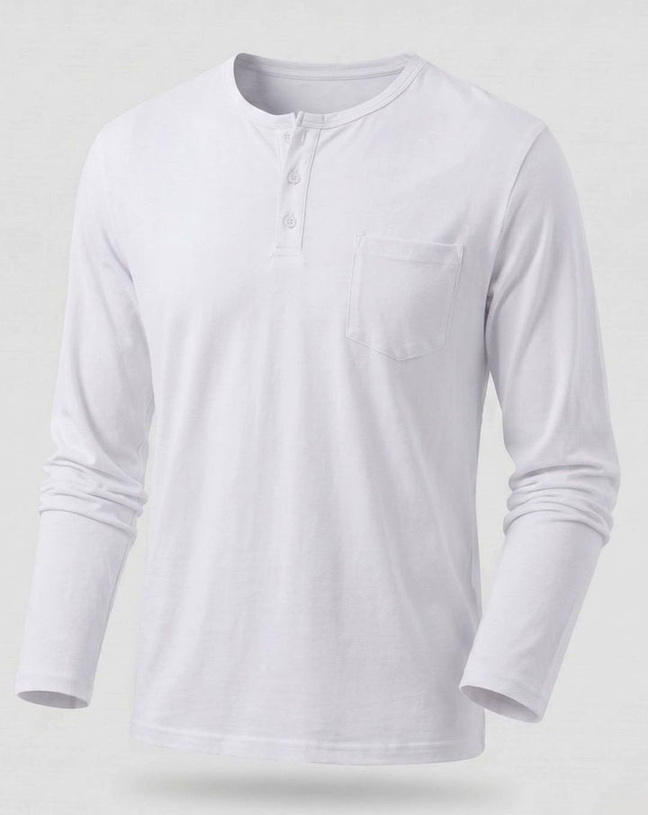 Men's Long Sleeve Cotton Jersey Henley Shirt with Chest Pocket - White