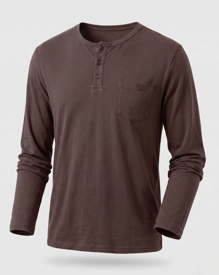 Men's Long Sleeve Cotton Jersey Henley Shirt with Chest Pocket - Dark Brown