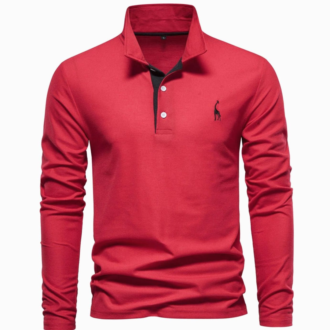 Men's Long Sleeve Cotton Polo Shirt Breathable Regular Fit - Red