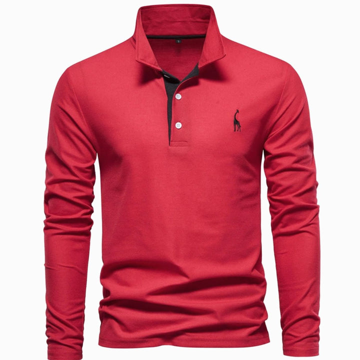 Men's Long Sleeve Cotton Polo Shirt Breathable Regular Fit - Red
