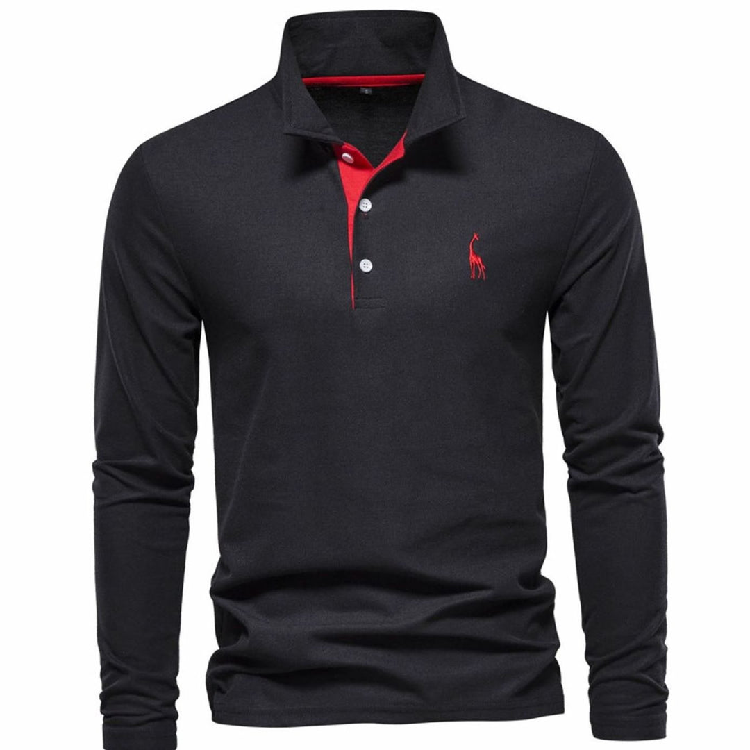 Men's Long Sleeve Cotton Polo Shirt Breathable Regular Fit - Black