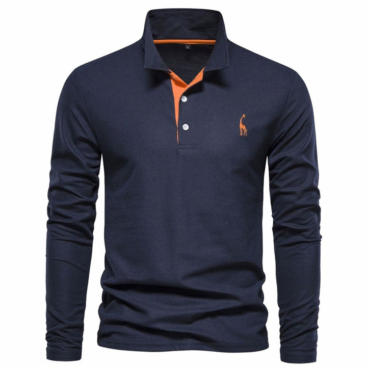 Men's Long Sleeve Cotton Polo Shirt Breathable Regular Fit - Navy Blue