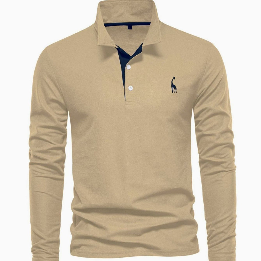 Men's Long Sleeve Cotton Polo Shirt Breathable Regular Fit - Khaki