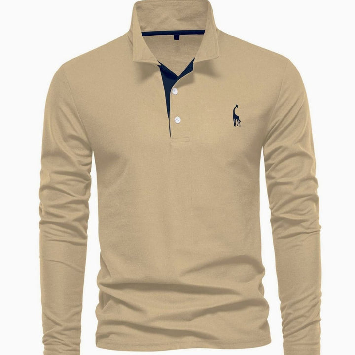 Men's Long Sleeve Cotton Polo Shirt Breathable Regular Fit - Khaki