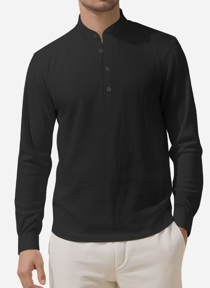 Men's Long Sleeve Cotton-Stretch Slim-Fit Henley Shirt - Black