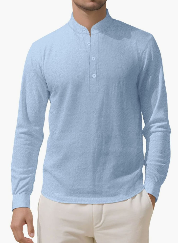 Men's Long Sleeve Cotton-Stretch Slim-Fit Henley Shirt - Light Blue