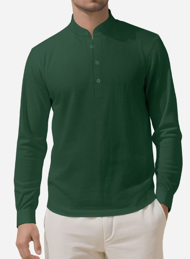 Men's Long Sleeve Cotton-Stretch Slim-Fit Henley Shirt - Olive Green