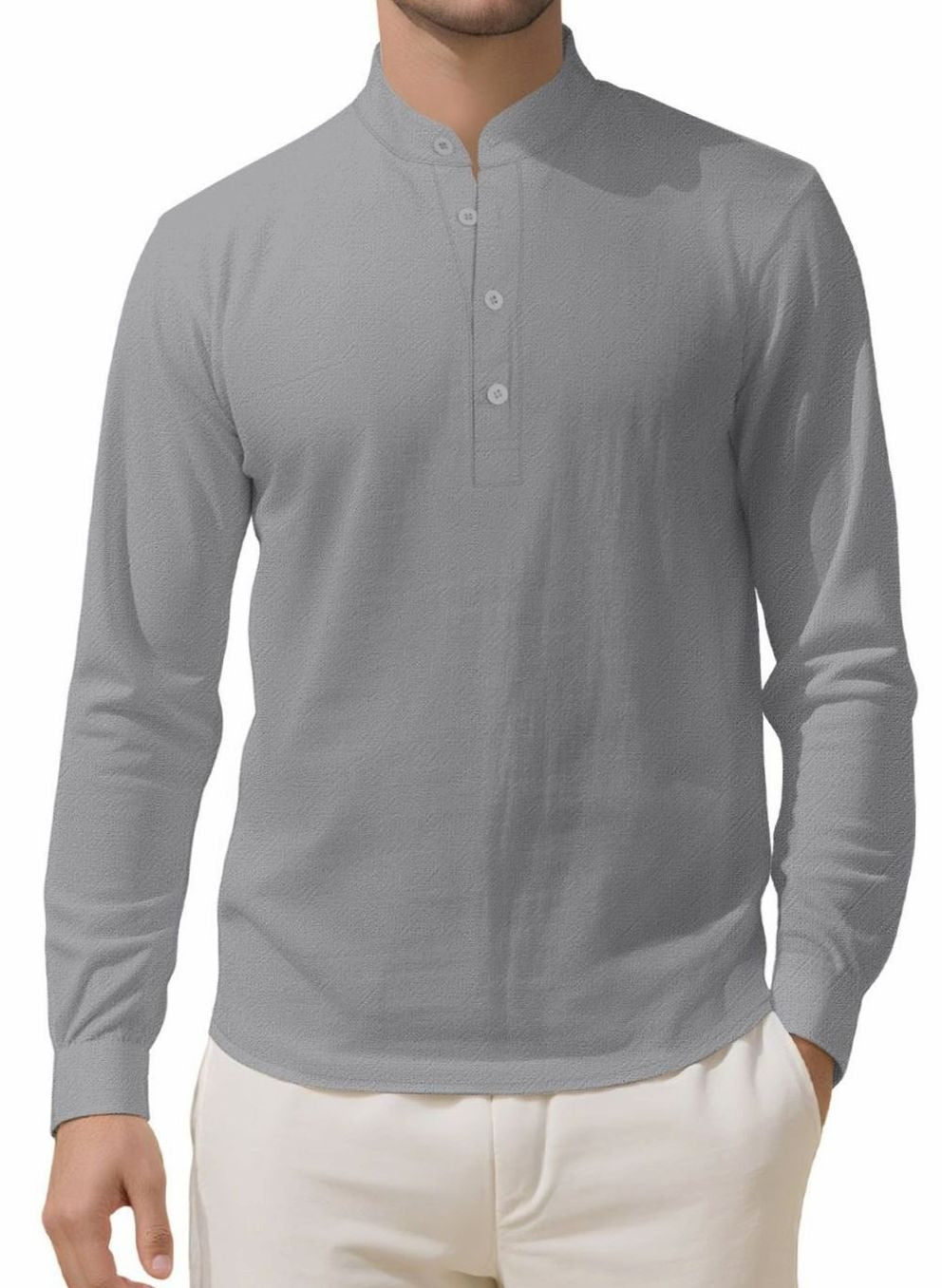 Men's Long Sleeve Cotton-Stretch Slim-Fit Henley Shirt - Gray