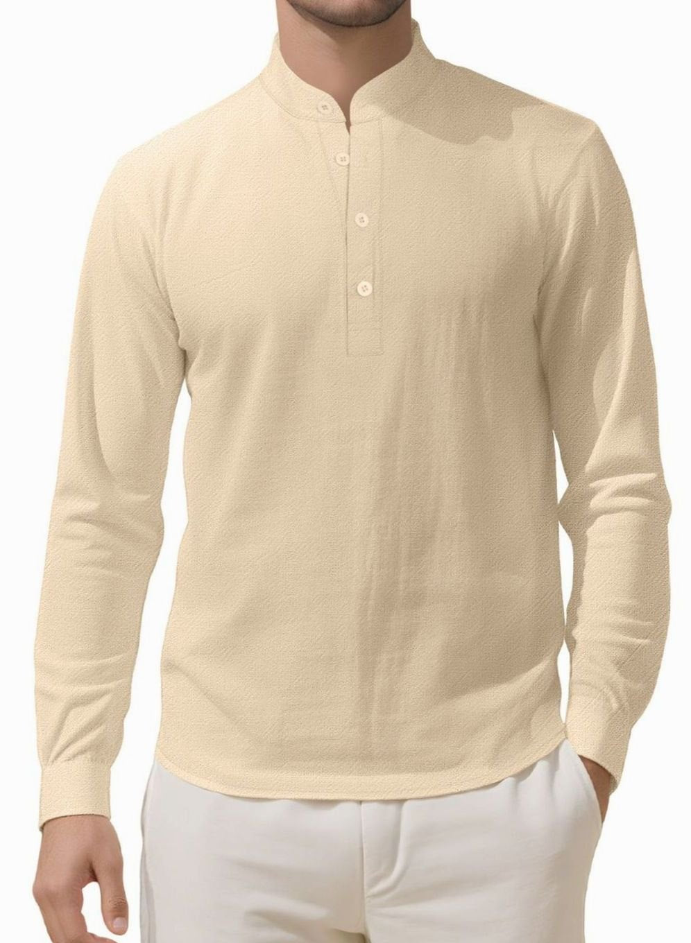 Men's Long Sleeve Cotton-Stretch Slim-Fit Henley Shirt - Khaki