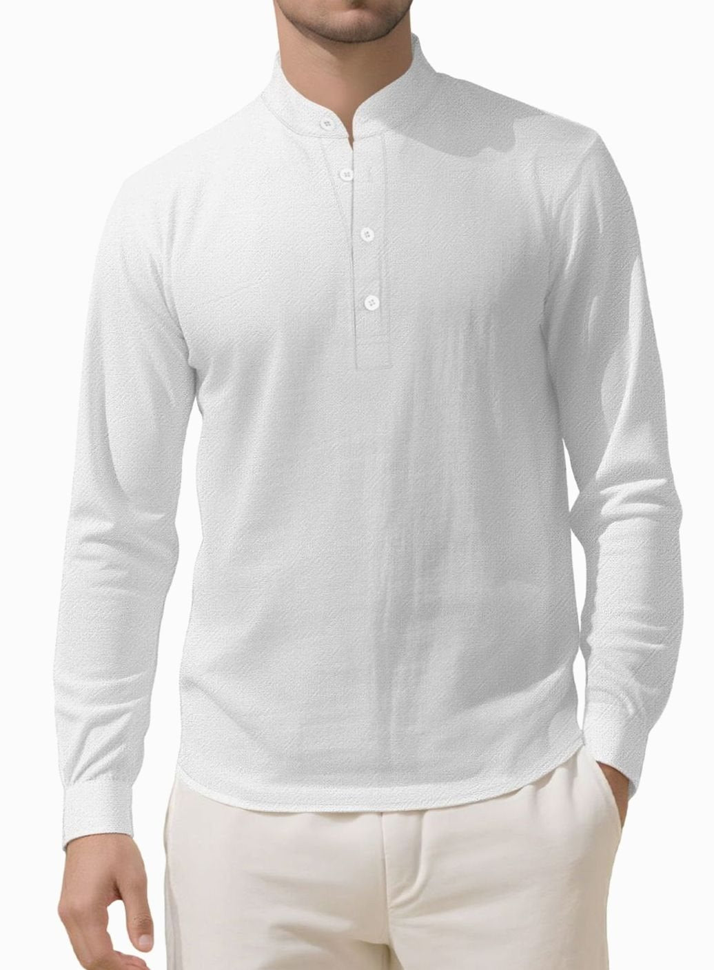Men's Long Sleeve Cotton-Stretch Slim-Fit Henley Shirt - White